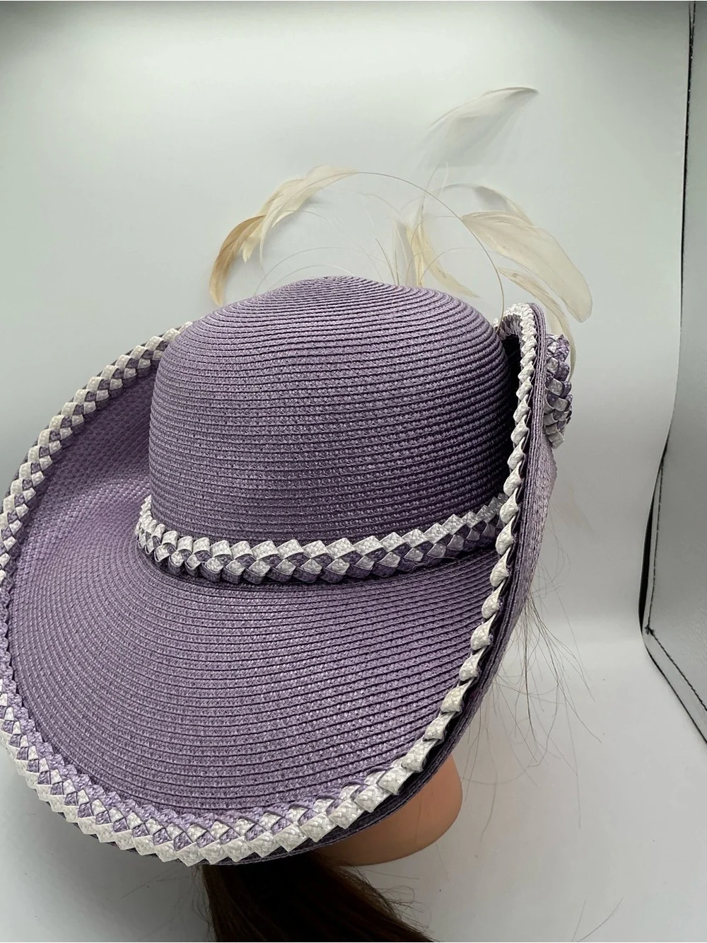 Lavender Decorative Women's Straw Hat with Feather Trim